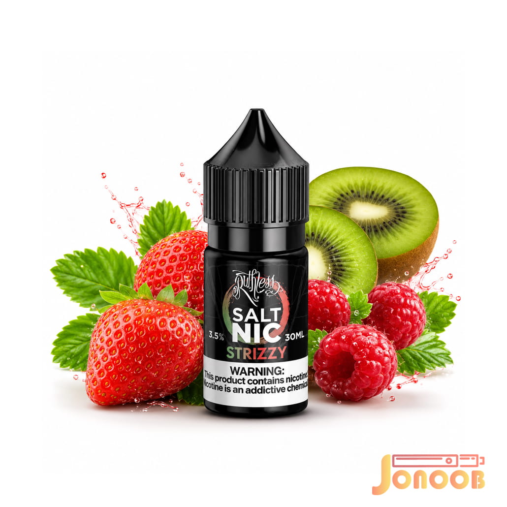 ruthless-strizzy-salt-nic-1.jpg بطری سالت نیکوتین استریزی روتلس با طعم توتفرنگی، کیوی و تمشک