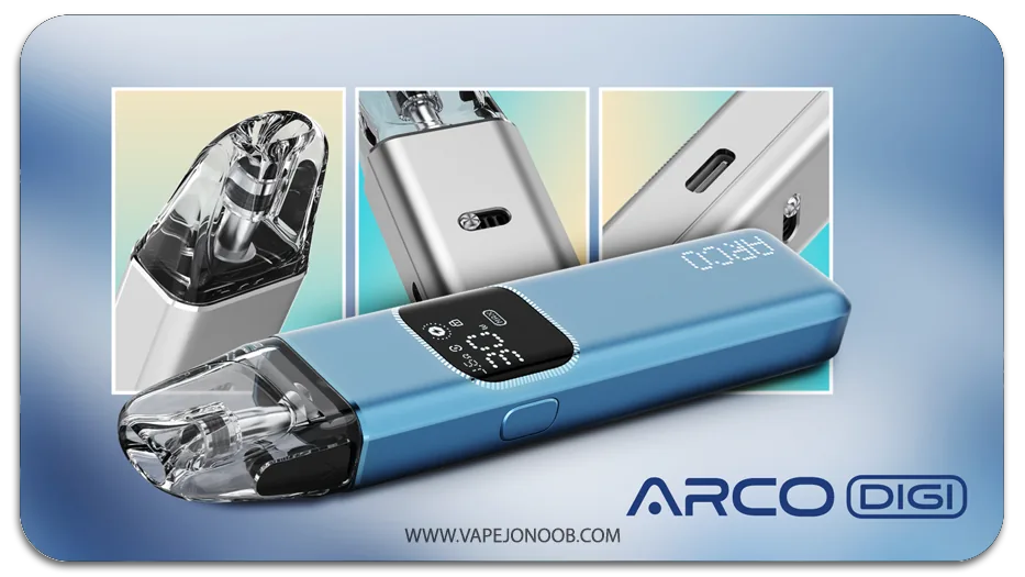 نمای نزدیک پاد SMOK ARCO DIGI آبی، کارتریج، نمایشگر و درگاه شارژ